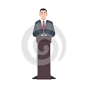 Politician, government worker, presidential candidate standing on rostrum and making public speech. Male cartoon