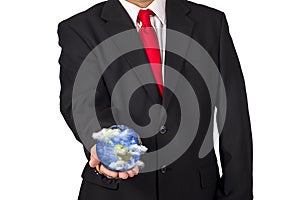 Politician Holding Planet Earth In Hand With Floating Clouds