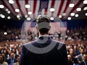 Politician during political speech for USA elections in front of large crowd of supporters, generative ai