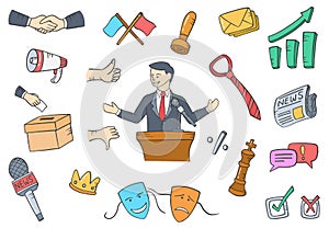 Politician in politics jobs or job profession career doodle hand drawn set collections with flat outline style