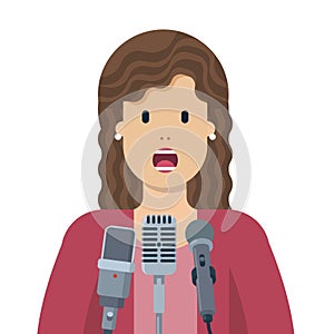 Politician speaking in public at microphones, vector illustration
