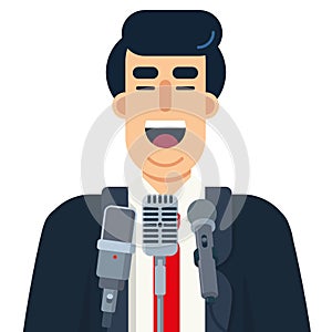Politician speaking in public at microphones, vector illustration