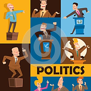 Politicians speaking banner vector illustration. Male and female politicians taking part in political debates in front