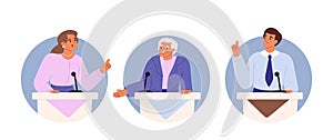 Politicians stand on tribunes debating. People on podium speak into microphones, cartoon icons