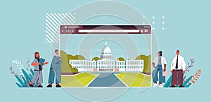 Politicians team near american digital government building in web browser window