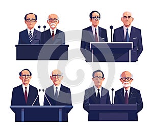 Politics conference cartoon vector illustrations. Tribune microphone front view countries leaders presidents ministers