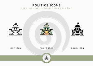 Politics icons set vector illustration with solid icon line style. Government public election concept.