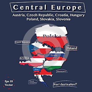 Politics map of Central Europe. Austria, Czech Republic, Hungary, Poland, Croatia, Slovakia, Slovenia. Vector illustration in colo