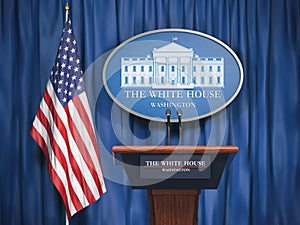 Politics of White House and President of USA United states concept. Podium speaker tribune with USA flags and sign of White House