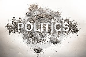 Politics word in ash, dirt, filth, dust as bad government, rule, economy or dangerous society system or corruption and democracy