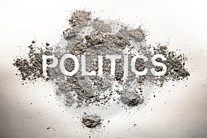 Politics word in ash, dirt, filth, dust as bad government, rule, economy or dangerous society system or corruption and democracy photo