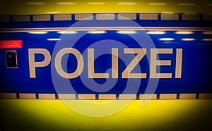 Polizei sign in white letters on a police car