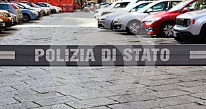 Polizia di Stato, State Police,  sign on car park bar. Italy