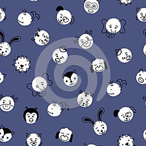 Polka dot animals seamless vector background. Cute kids pattern white circles with animal faces on blue. Simple doodle