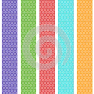 Polka dot background seamless pattern with green orange pink lilac blue stripes. Vector