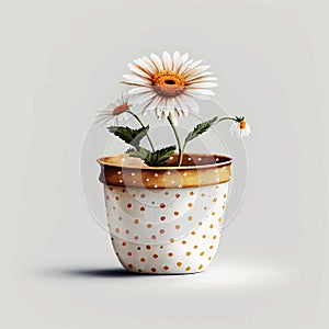 Polka Dot Charm: White Daisy in Yellow Ceramic Pot AI Generated