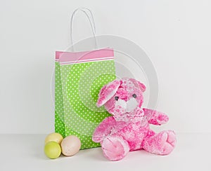 Polka Dot Lime Green and Pink Gift Bag with Pink Stuffed Toy. . Isolated. Easter. Spring.