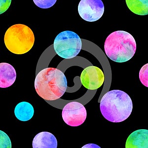 Polka dot multi-colored watercolor seamless pattern. Abstract watercolour background with colorful circles on black