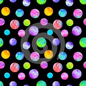 Polka dot multi-colored watercolor seamless pattern. Abstract watercolour background with colorful circles on black