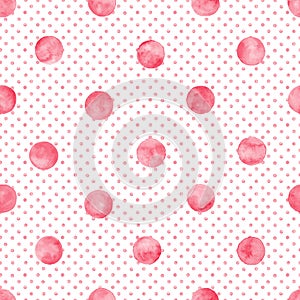 Polka dot pink red watercolor seamless pattern. Abstract watercolour color circles on white background