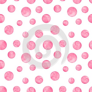 Polka dot pink watercolor seamless pattern. Abstract watercolour background with color circles on white