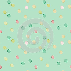 Polka dot random seamless pattern. Pink, green, yellow and white circles on light blue background