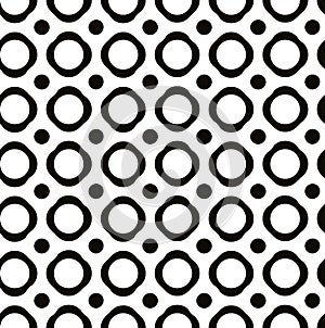 Polka dot seamless pattern with geometric figures, black and white infinite background with peas, dotted monochrome book cover, e