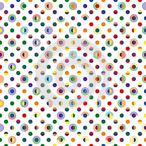 Polka-Dot seamless vector pattern in rainbow colours. Playful vibrant geometric background with tiled big and small circles and se