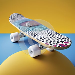 Polka Dot skateboard blue black and white on color geometric background. Sports equipment. Objects. Illustration. Generative AI