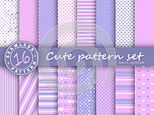 Polka dot, stripes, hearts seamless pattern set.