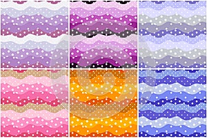 Polka dot and waves. Frills. Set of cute seamless patterns in color of petal of flowers