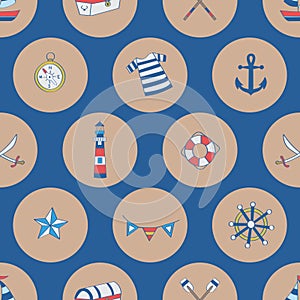 Polka dots nautical elements, boat, compass, chest, anchor, shipwheel