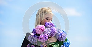 Pollen allergy. Enjoy spring without allergy. Gentle flower for delicate woman. Girl tender blonde hold hydrangea