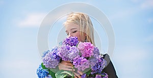 Pollen allergy. Enjoy spring without allergy. Gentle flower for delicate woman. Girl tender blonde hold hydrangea