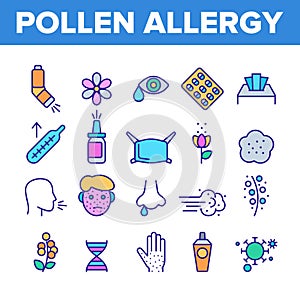 Pollen Allergy Symptoms Vector Linear Icons Set photo