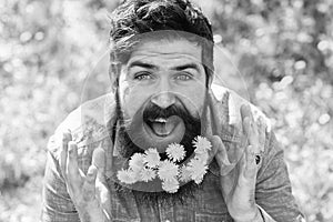 Pollen allergy. Taking antihistamines makes life easier for allergy sufferers. Man with yellow dandelions in beard