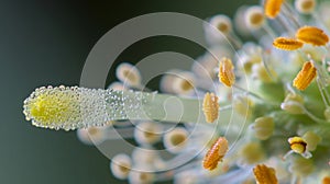 A of pollen grains attached to the end of a flowers stamen with each individual grain clearly visible and distinct. .