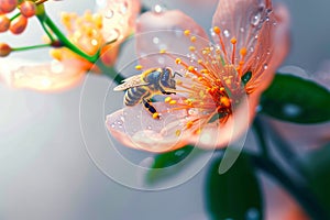 Pollination moment Honey bee alights delicately on colorful flower