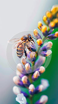 Pollination moment Honey bee alights delicately on colorful flower