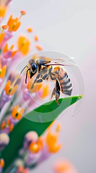 Pollination moment Honey bee alights delicately on colorful flower