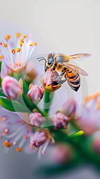 Pollination moment Honey bee alights delicately on colorful flower