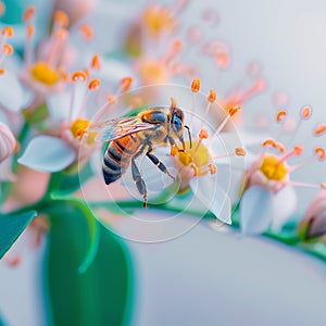 Pollination moment Honey bee alights delicately on colorful flower