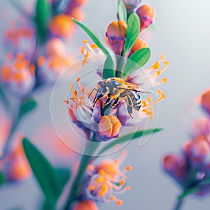 Pollination moment Honey bee alights delicately on colorful flower