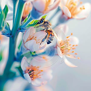 Pollination moment Honey bee alights delicately on colorful flower