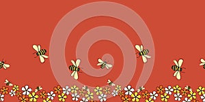 Pollinators Bees and flowers horizontal border seamless repeat Vector on red background photo