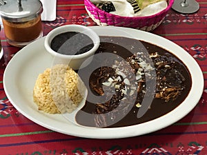 Pollo con Mole Negro aka Chicken with Black Mole Sauce on a Plate in a Mexican Restaurant