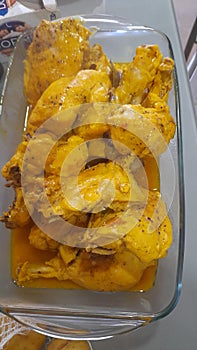 Pollo guisado con salsa de cebolla photo