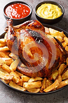 Pollo a la Brasa Peruvian Roast Chicken with fried potato and sauces closeup in the plate. Vertical photo