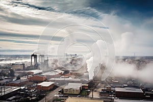 pollutant cloud hanging over industrial town, with smokestacks in the background