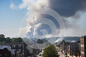 pollutant cloud hanging over industrial town, with smokestacks in the background